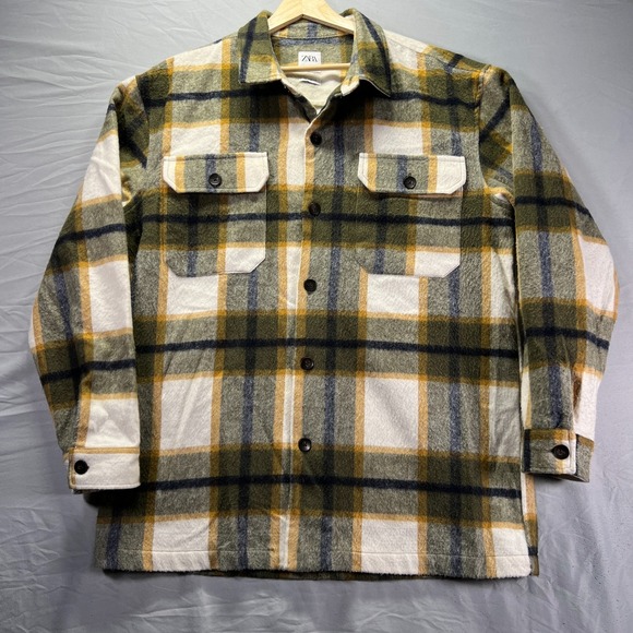 Zara Shacket Jacket Mens XL Green Plaid Button Up Outdoor Chore Wool Blend - Picture 1 of 9